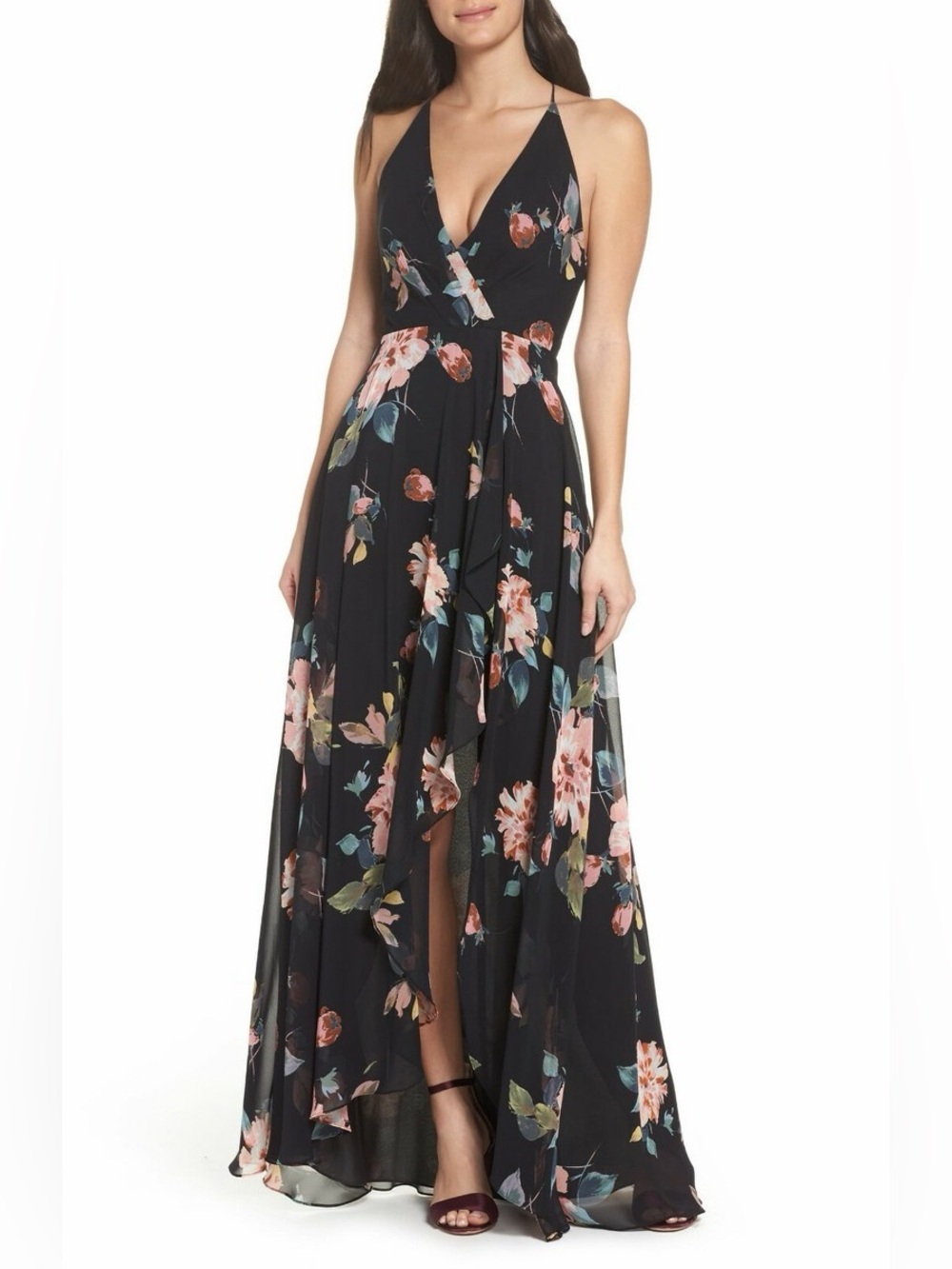 Jenny Yoo Farrah Black Floral Faux-Halter Maxi Dress